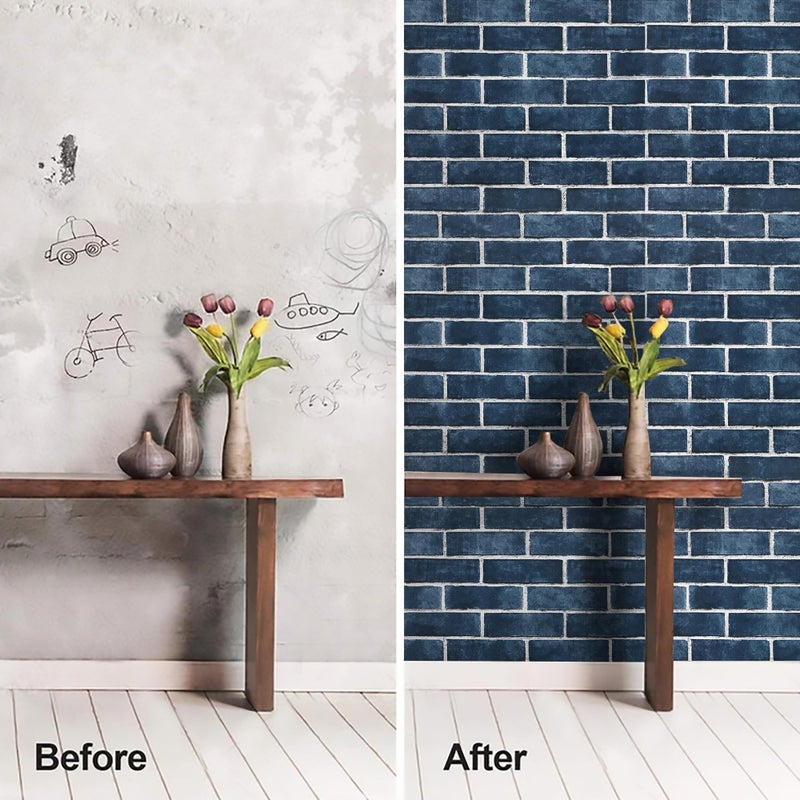 HeloHo 17.7" X 118" Blue Brick Wallpaper Peel and Stick Self-Adhesive Removable Wall Paper Brick 3D Textured Wallpaper for Kitchen Backsplash Living Room Bedroom Decor - Image 3
